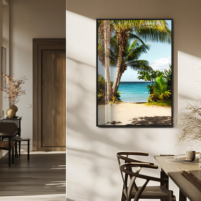 Tropical beach with palm trees, blue ocean, and clear sky, perfect for coastal or beach-themed wall decor in sunny living spaces.