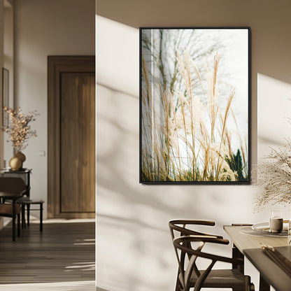 Soft beige pampas grass swaying in the breeze against a muted sky, creating a tranquil and minimalist botanical aesthetic.