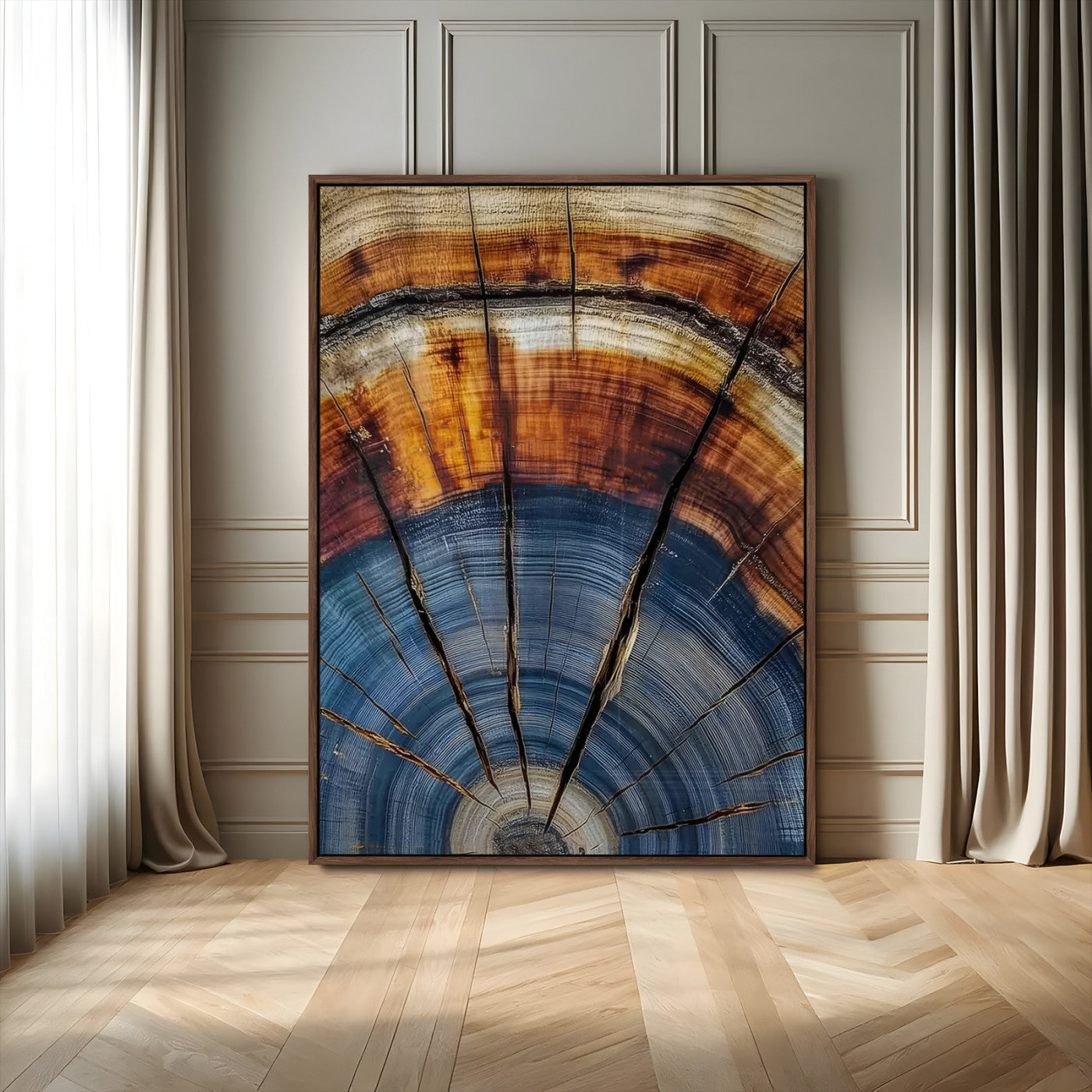 Canvas of a tree ring with bold blue and orange hues and cracked radial lines, ideal for rustic or earthy modern interiors.