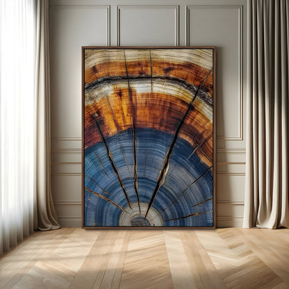 Canvas of a tree ring with bold blue and orange hues and cracked radial lines, ideal for rustic or earthy modern interiors.