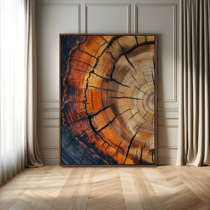 Canvas of a cracked tree ring with warm burnt orange tones and dark edges, ideal for rustic or earthy home decor themes.