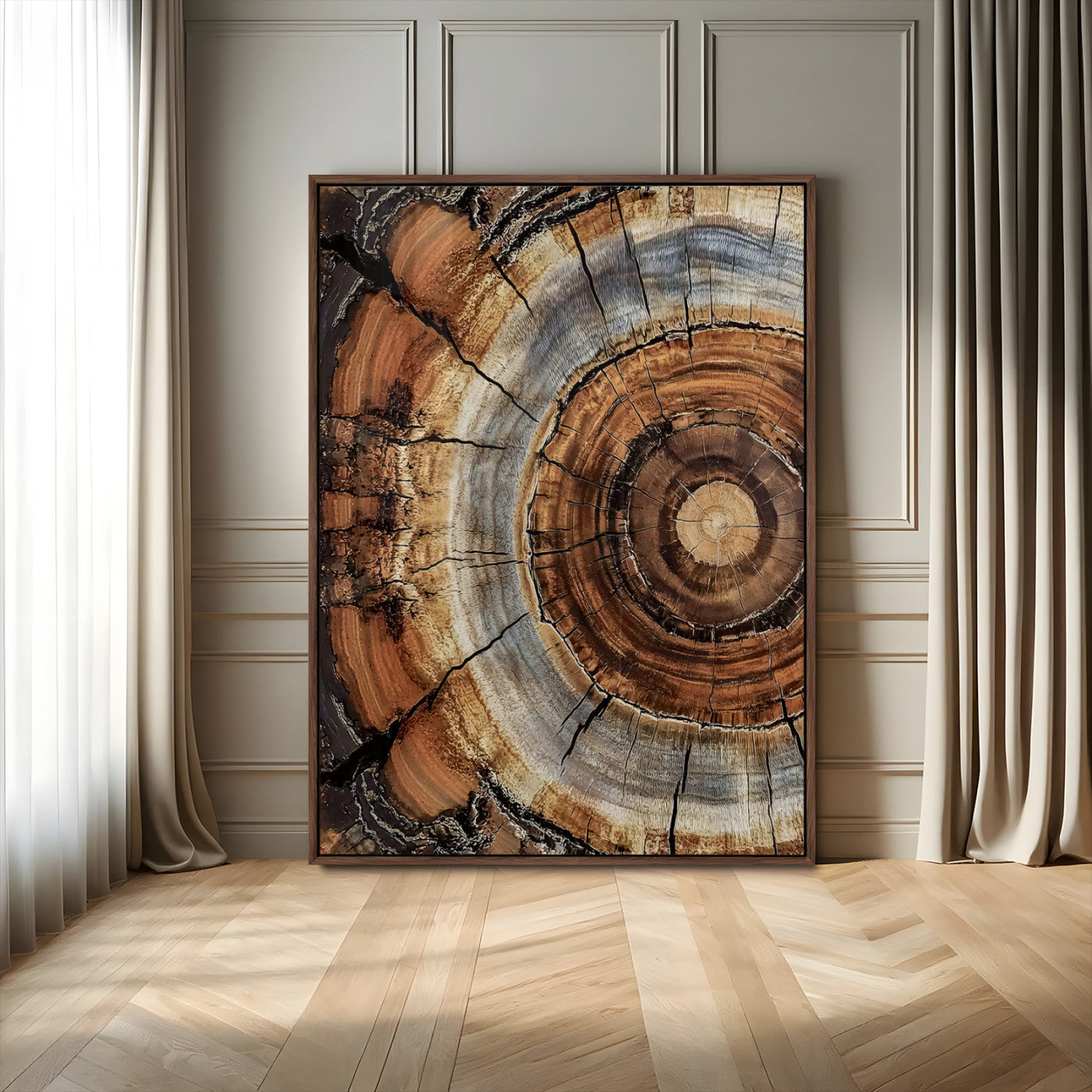 Canvas of tree rings and natural wood grain in earthy tones, ideal for rustic or vintage-inspired home decor with organic textures.
