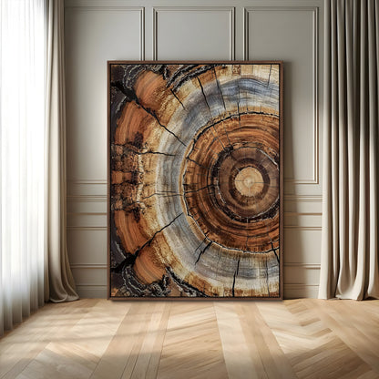 Canvas of tree rings and natural wood grain in earthy tones, ideal for rustic or vintage-inspired home decor with organic textures.