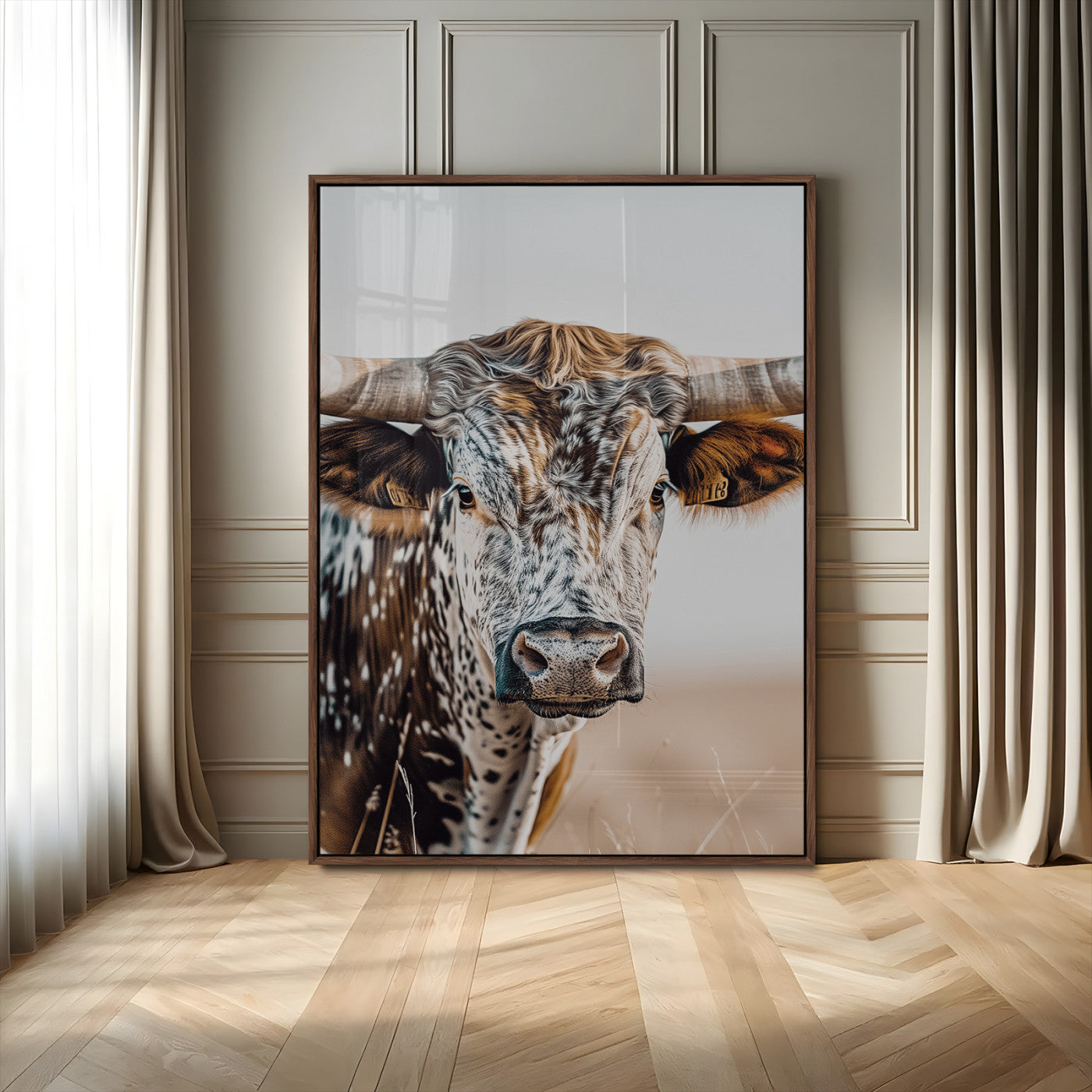 Canvas of a speckled Texas longhorn with wide curved horns and warm tones, perfect for rustic or country-style wall decor.