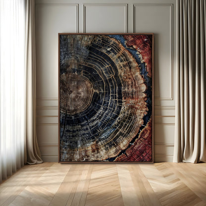 Rustic canvas featuring detailed tree rings and dark earthy tones, ideal for moody wood or organic nature-inspired home decor.