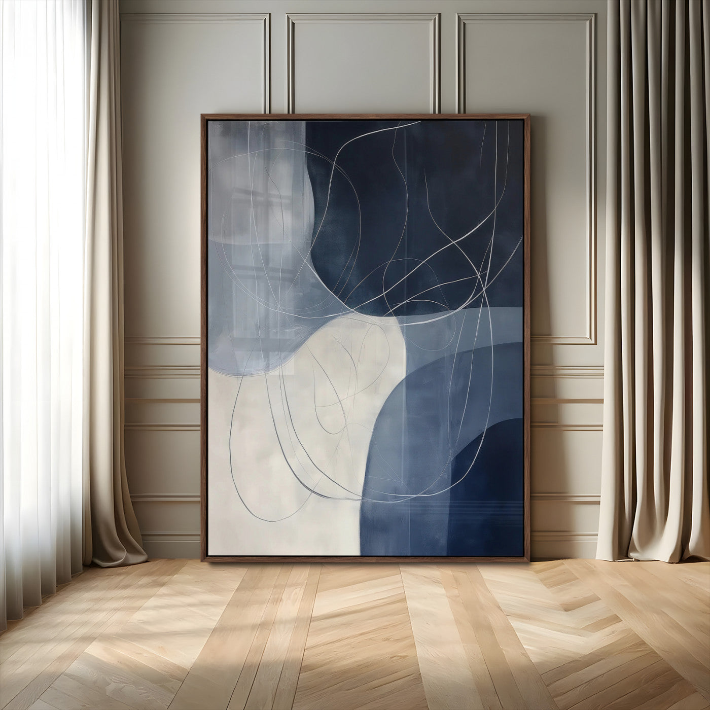 Contemporary abstract canvas with navy, grey, and white curved forms and fine line details, ideal for minimalist or modern interiors.