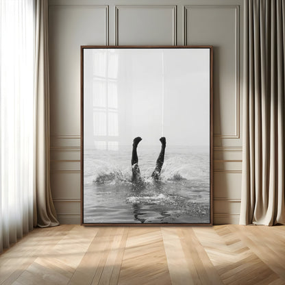 Black and white ocean art featuring a swimmer's legs mid-splash, perfect for minimalist, coastal, or monochrome modern interiors.