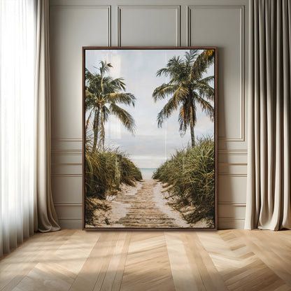 Canvas wall art of a tropical beach path with palm trees and dune grass, ideal for coastal entryways or tropical-inspired home decor.
