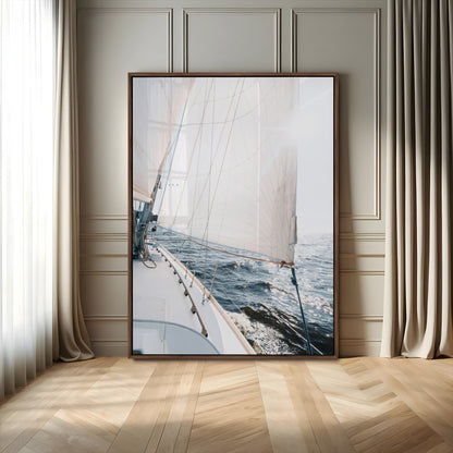 Canvas of a sailboat gliding on a sunlit ocean with white sails and sparkling water, ideal for coastal minimalist or nautical-style home decor.