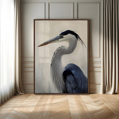 Single blue heron in profile with soft feathers and neutral tones, ideal for tranquil, coastal or nature-inspired interior settings.