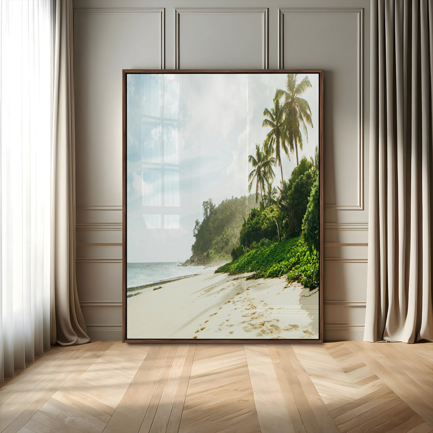 A tropical beach with palm trees, soft sand, and ocean waves under a bright sky, creating a peaceful and relaxing coastal view.