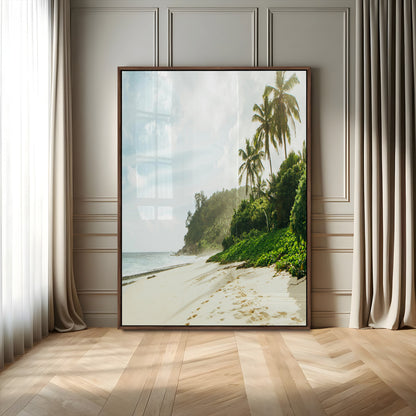 A tropical beach with palm trees, soft sand, and ocean waves under a bright sky, creating a peaceful and relaxing coastal view.
