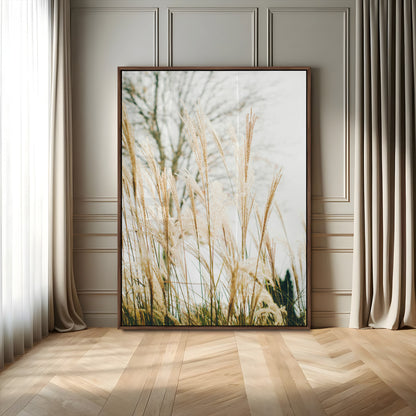 Soft beige pampas grass swaying in the breeze against a muted sky, creating a tranquil and minimalist botanical aesthetic.