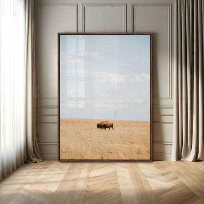Minimalist Nature Wall Art Canvas Print, Framed Bison In Grassland Art Picture Print, Open Field Perfect Modern Ranch Decor Decor Artwork