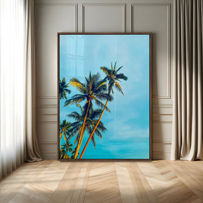 "Tall palm trees with golden sunlight against a vibrant blue sky, creating a tropical, relaxing atmosphere for coastal and beach-themed decor.
