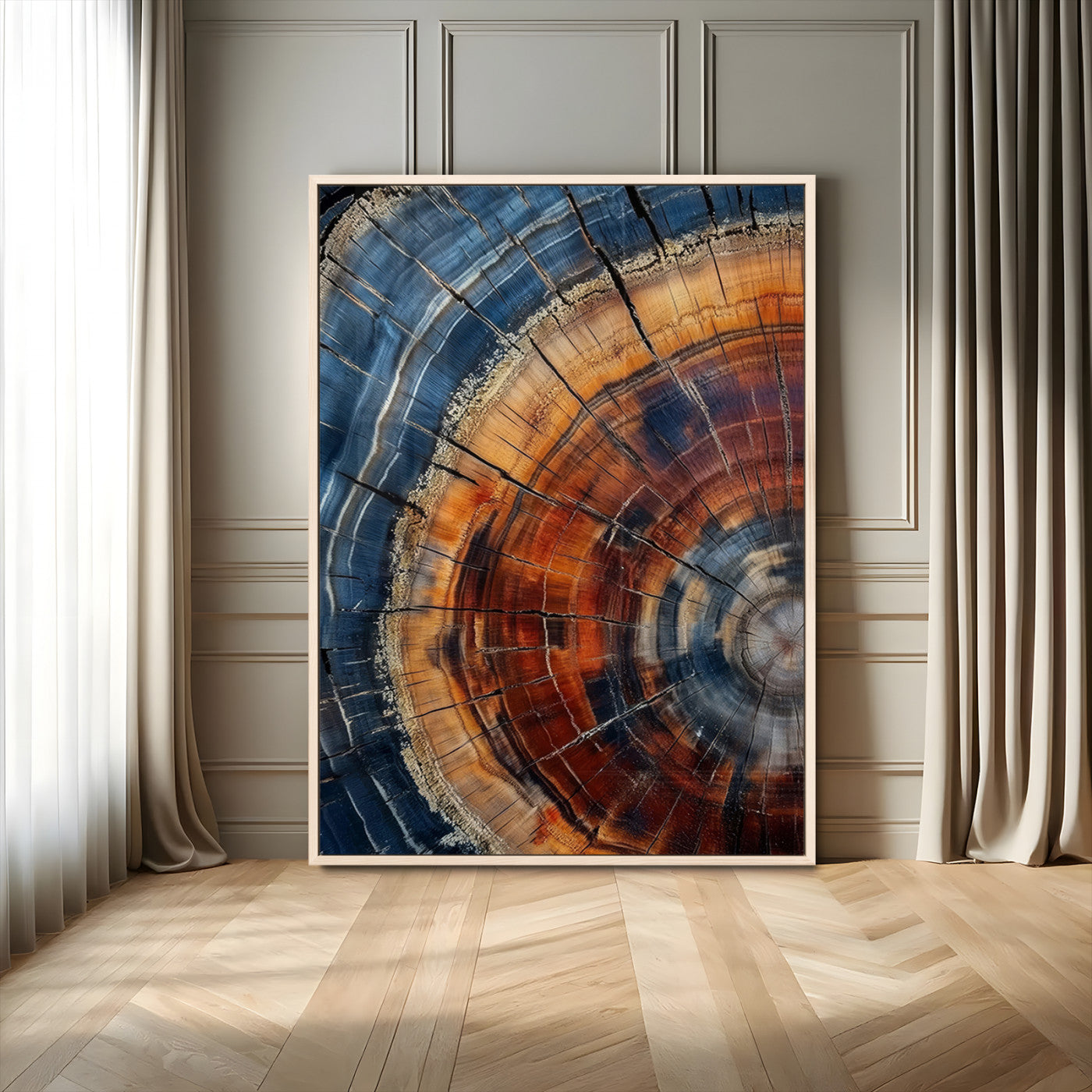 Canvas of colorful tree rings in rich blue and warm orange hues with cracked natural texture, ideal for rustic or earthy decor styles.