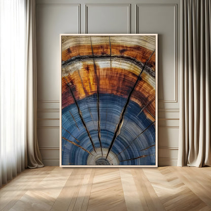 Canvas of a tree ring with bold blue and orange hues and cracked radial lines, ideal for rustic or earthy modern interiors.