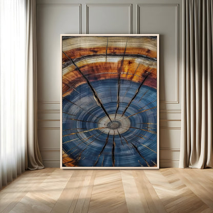 Canvas of a tree ring with bold blue and orange hues and cracked radial lines, ideal for rustic or earthy modern interiors.