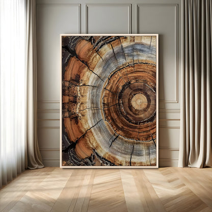 Canvas of tree rings and natural wood grain in earthy tones, ideal for rustic or vintage-inspired home decor with organic textures.