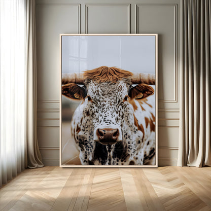 Close-up of a speckled Texas longhorn with wide horns and a bold gaze, perfect for rustic or country-style decor in warm tones.