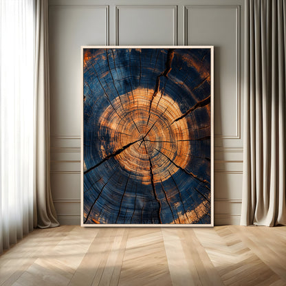 Close-up canvas of tree rings with burnt orange and deep blue tones, perfect for rustic or earthy-themed home decor.