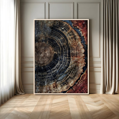 Rustic canvas featuring detailed tree rings and dark earthy tones, ideal for moody wood or organic nature-inspired home decor.