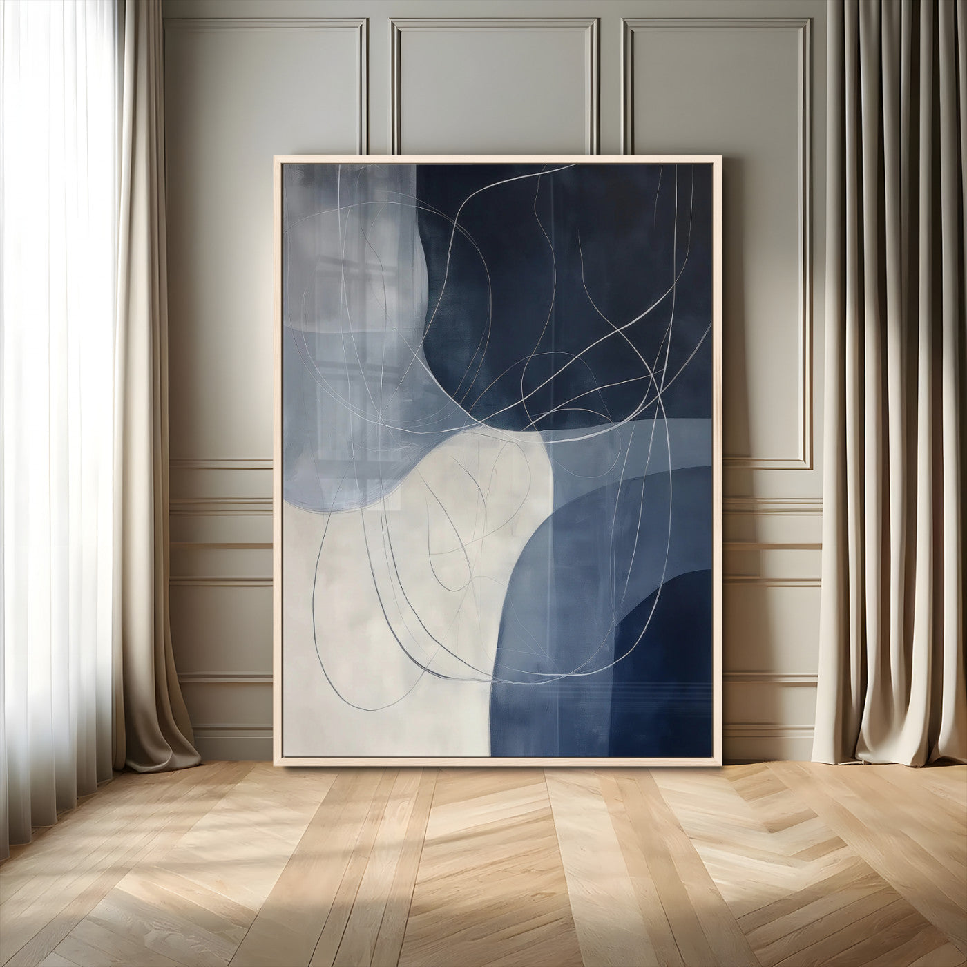 Contemporary abstract canvas with navy, grey, and white curved forms and fine line details, ideal for minimalist or modern interiors.