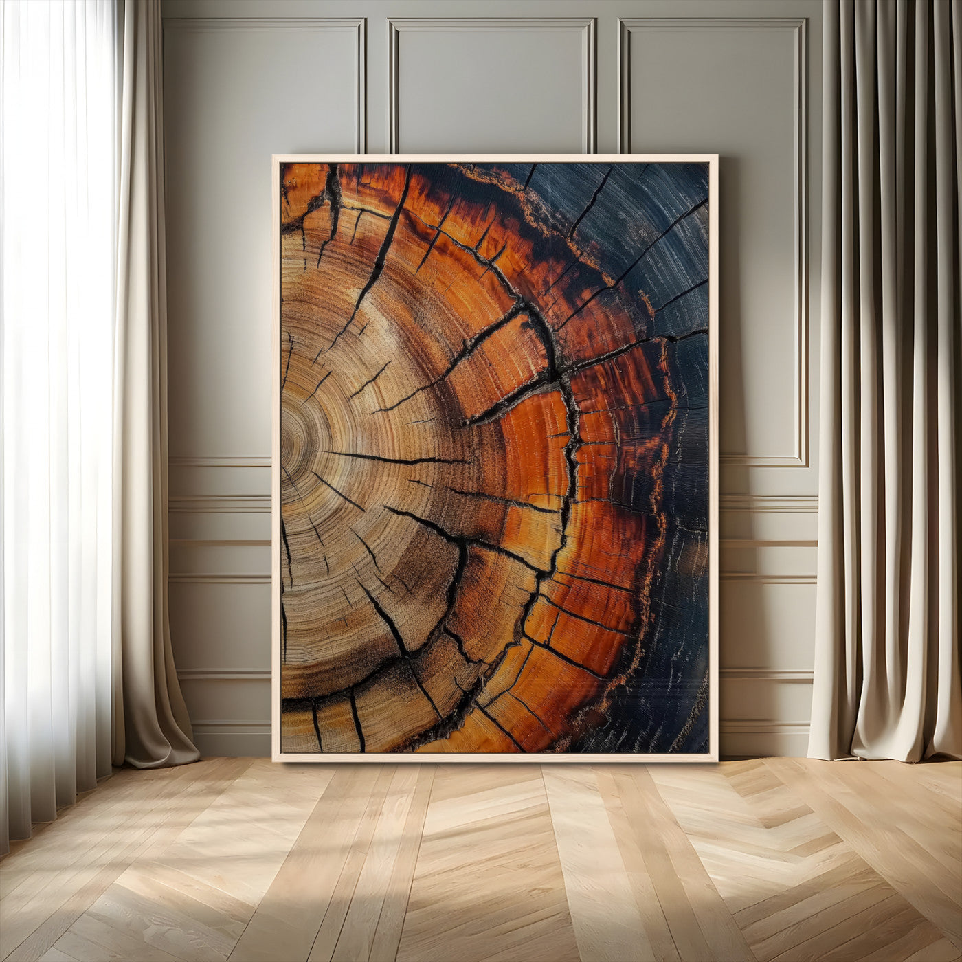 Framed canvas of burnt tree rings with rich wood texture and warm tones, ideal for rustic or earth-inspired interior decor.