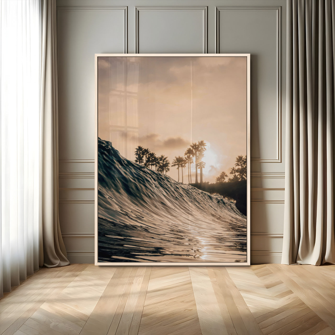 Golden sunset view of an ocean wave curling near palm trees, radiating warm tones perfect for coastal or tropical-themed decor.