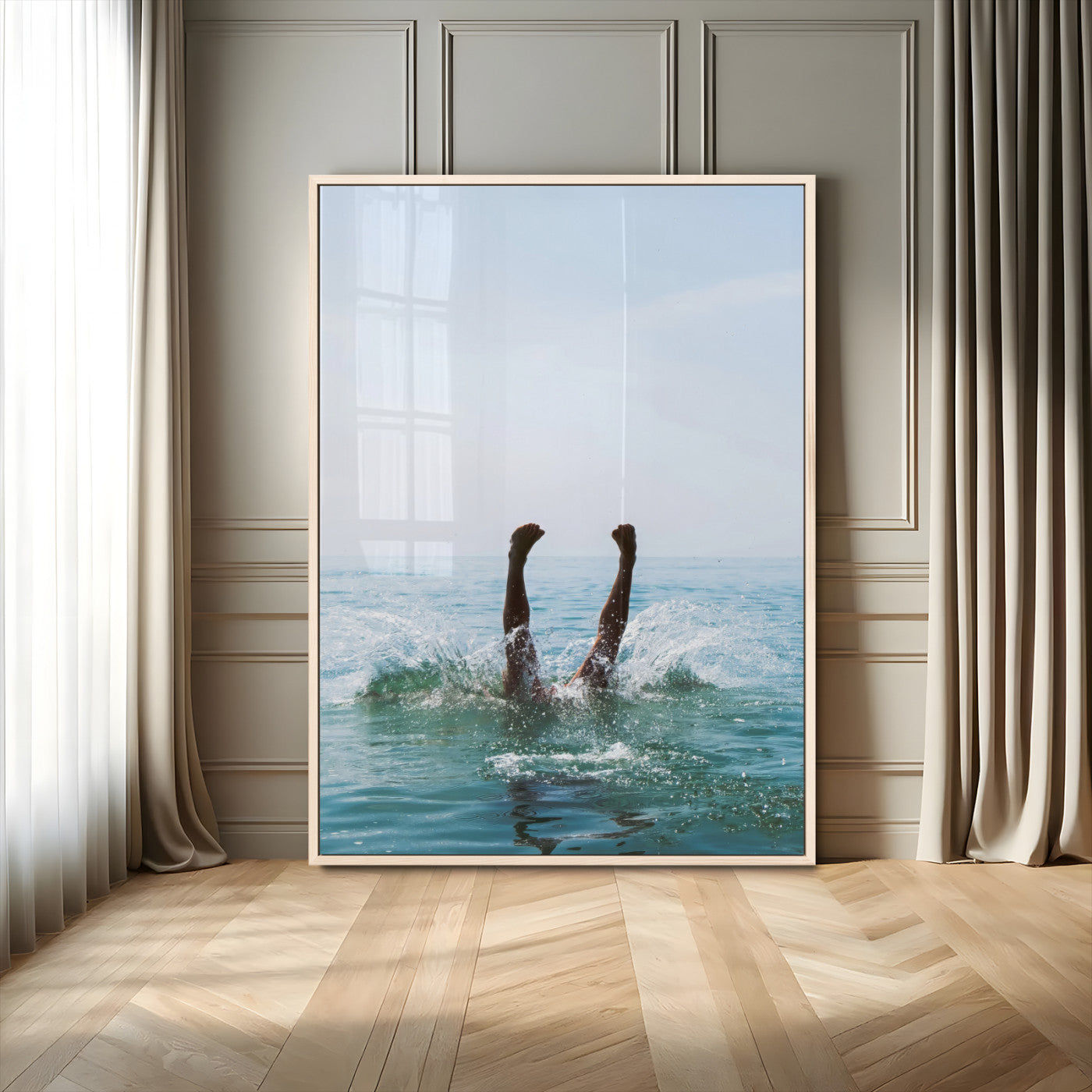 Vibrant ocean canvas of a playful diving splash, ideal for coastal or beach-themed interiors with a lively summer vibe.