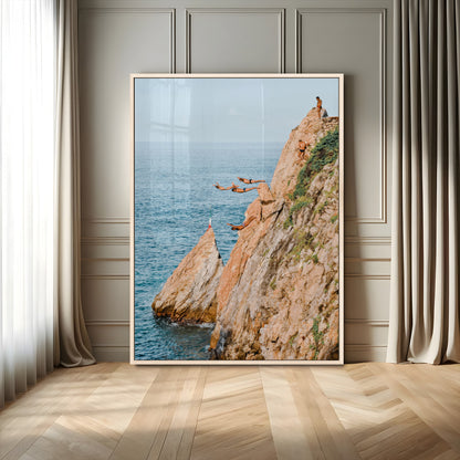 Canvas wall art capturing a bold cliff diving sequence into turquoise waters, perfect for vibrant and adventurous coastal or sporty interiors.