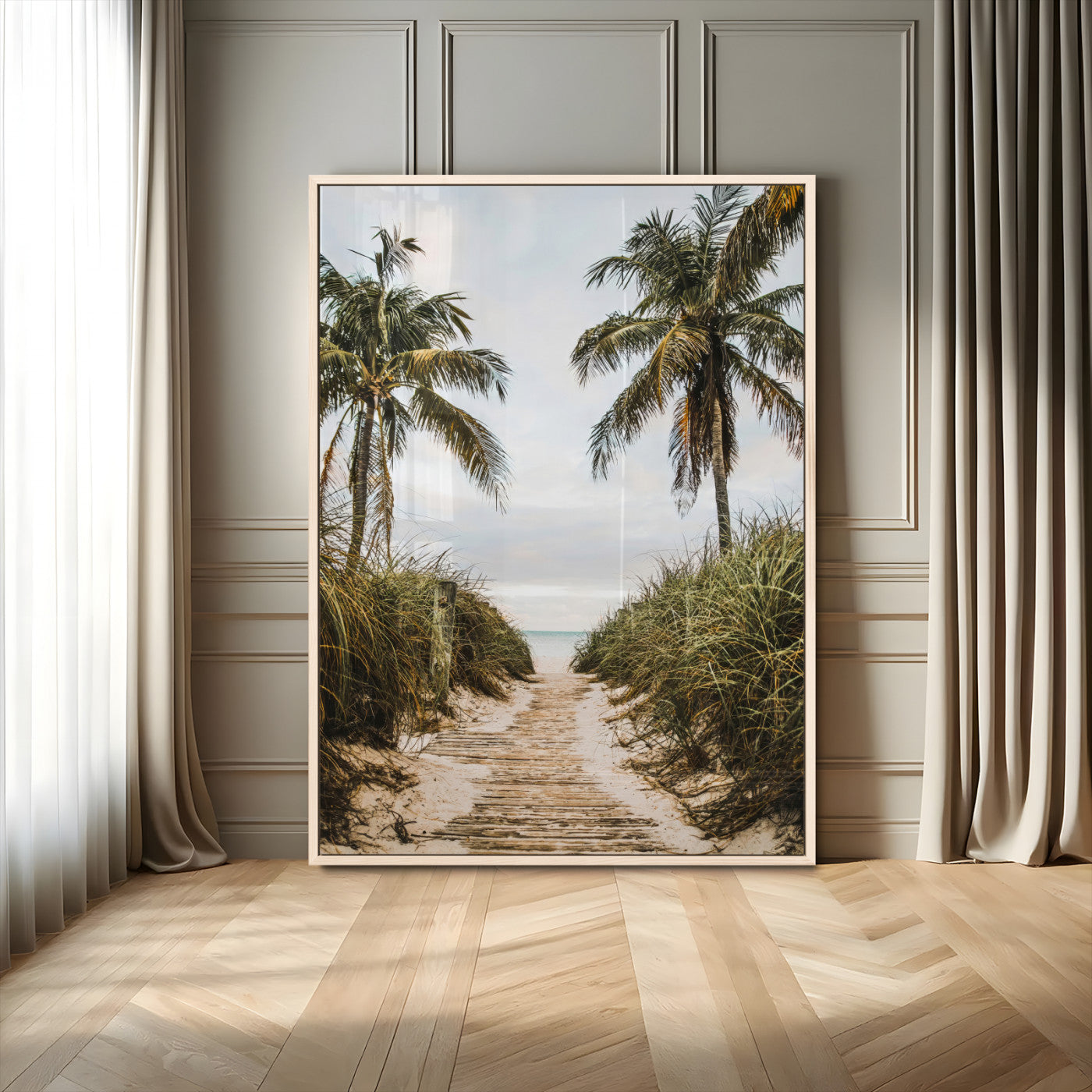 Canvas wall art of a tropical beach path with palm trees and dune grass, ideal for coastal entryways or tropical-inspired home decor.