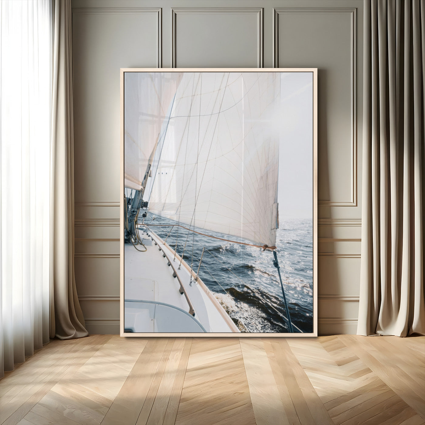 Canvas of a sailboat gliding on a sunlit ocean with white sails and sparkling water, ideal for coastal minimalist or nautical-style home decor.
