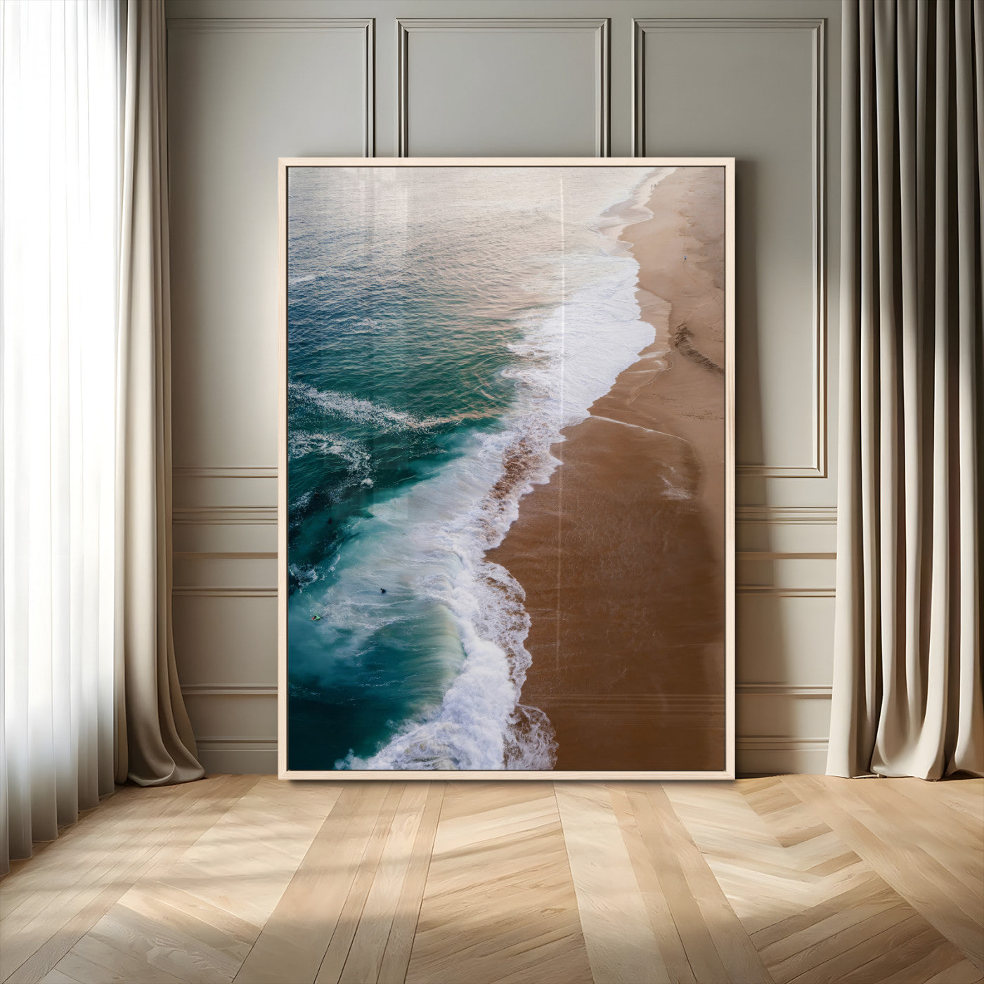 Canvas of a dreamy aerial beach scene with turquoise waves and soft sunset tones, ideal for modern coastal or minimalist home decor.