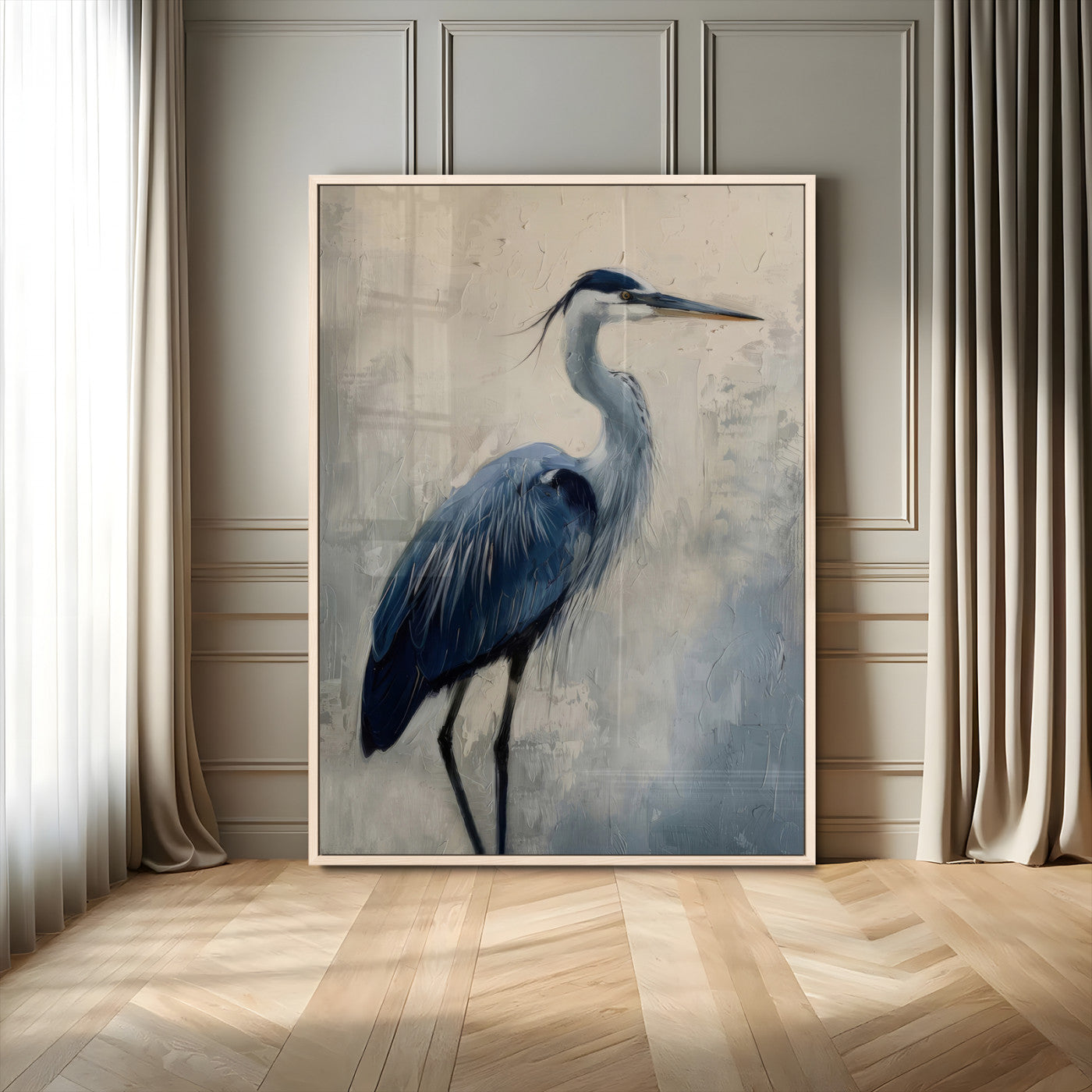 Blue heron standing gracefully on one leg, painted in soft neutrals and cool tones, perfect for modern coastal or nature-inspired decor.