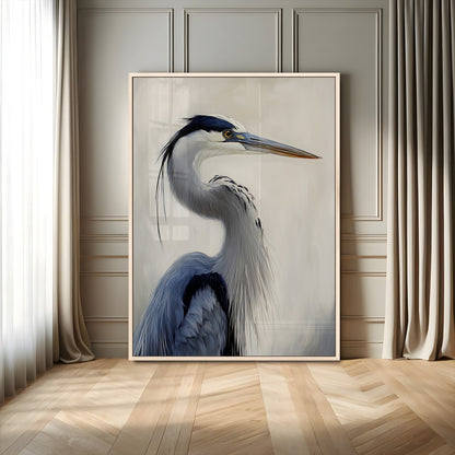 Elegant blue heron in profile with soft brush detail and neutral tones, ideal for nature-themed or coastal minimalist interiors.