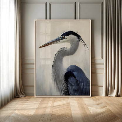 Single blue heron in profile with soft feathers and neutral tones, ideal for tranquil, coastal or nature-inspired interior settings.
