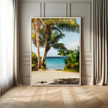 Tropical beach with palm trees, blue ocean, and clear sky, perfect for coastal or beach-themed wall decor in sunny living spaces.