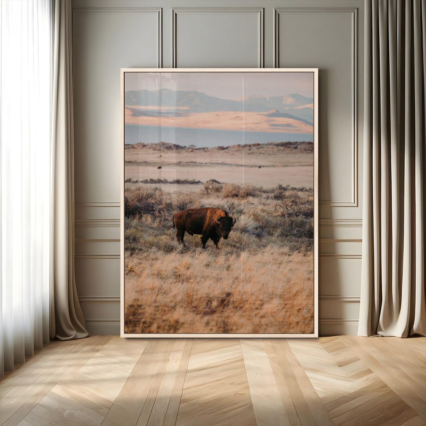 A solitary bison standing in golden prairie grass with distant mountains and soft sunset light, ideal for rustic, lodge, and western decor.