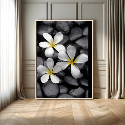 Large Wall Art White Flowers on Black Zen Meditation Stones Vertical Canvas Print