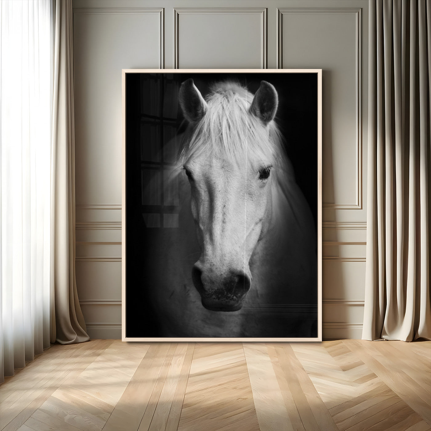 Large Wall Art White Horse on Black Background Canvas Print