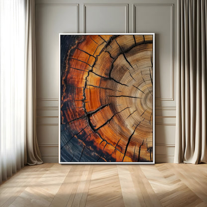Canvas of a cracked tree ring with warm burnt orange tones and dark edges, ideal for rustic or earthy home decor themes.