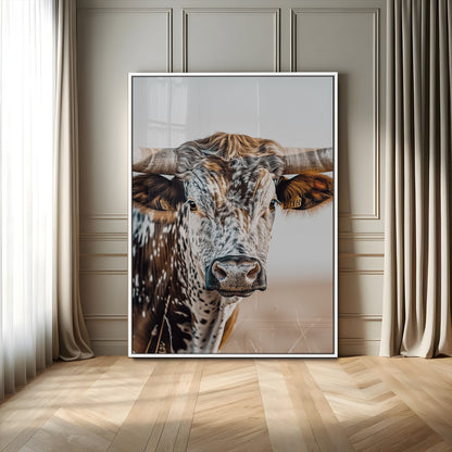 Canvas of a speckled Texas longhorn with wide curved horns and warm tones, perfect for rustic or country-style wall decor.