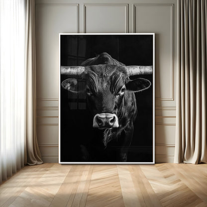 Canvas of a Texas longhorn in black and white with dramatic lighting and bold contrast, ideal for rustic or modern western wall decor.