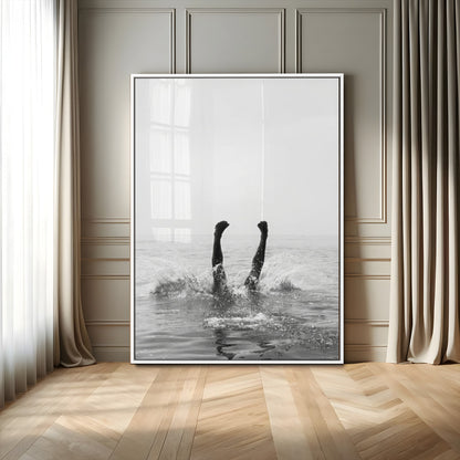 Black and white ocean art featuring a swimmer's legs mid-splash, perfect for minimalist, coastal, or monochrome modern interiors.
