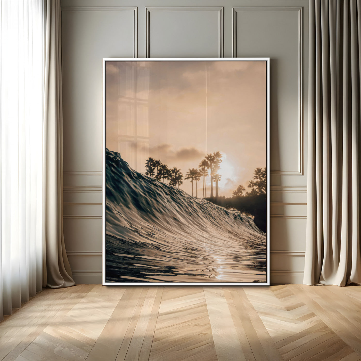 Golden sunset view of an ocean wave curling near palm trees, radiating warm tones perfect for coastal or tropical-themed decor.
