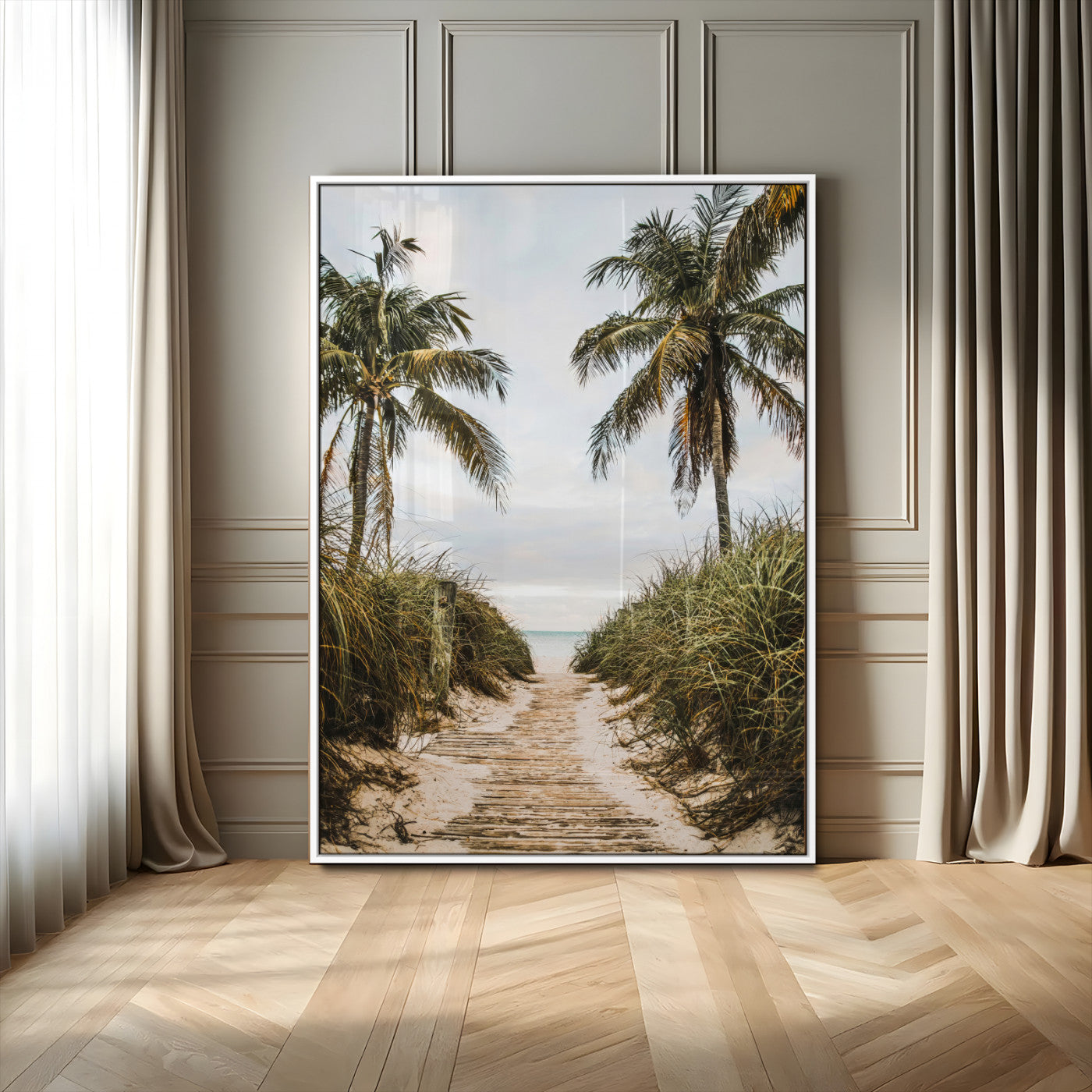 Canvas wall art of a tropical beach path with palm trees and dune grass, ideal for coastal entryways or tropical-inspired home decor.