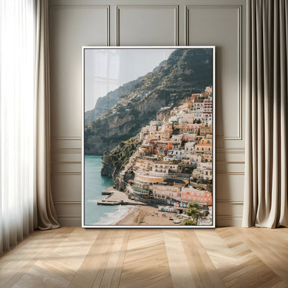 Canvas of colorful cliffside homes in Positano along the Amalfi Coast with warm tones, perfect for Mediterranean coastal or European-inspired home decor.