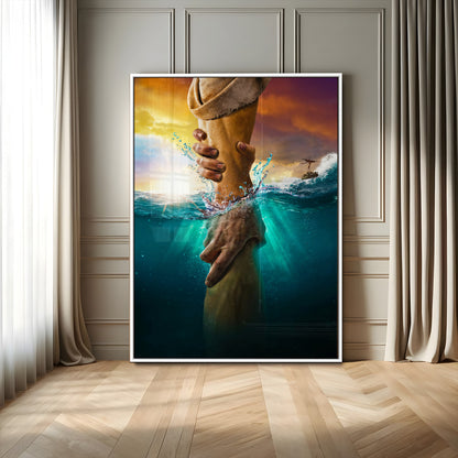 A dramatic scene of a hand reaching underwater and being lifted, symbolizing rescue and faith, ideal for spiritual or Christian wall decor.