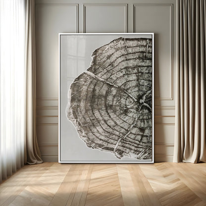 A close-up tree ring cross-section with neutral tones and organic texture, perfect for rustic, modern, or minimalist interior wall decor.
